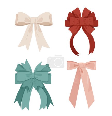 Illustration for Bows and ribbons set. Red, pink and green parts of clothes. Beauty, aesthetics and elegance. Fashion, trend and style. Cartoon flat vector collection isolated on white background - Royalty Free Image