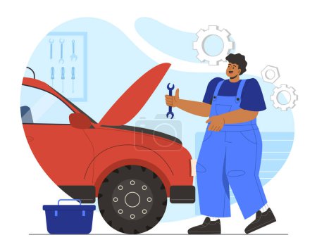 Illustration for Man in car service concept. Young guy in uniform with wrench in hand near automobile. Repair, tuning and modernization of vehicle. Repairman near transport. Cartoon flat vector illustration - Royalty Free Image