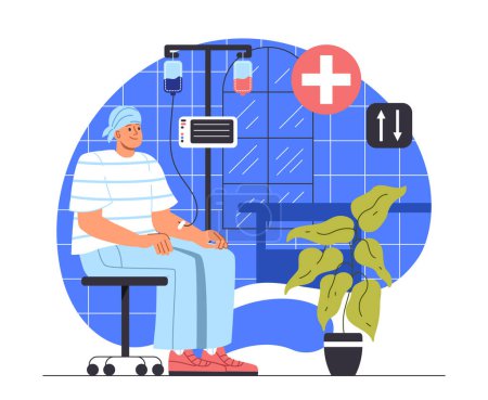 Illustration for Man undergoing chemotherapy concept. Young guy near medical equipment. Patient sitting at bed in hospital. Healthcare and medicine, figh against cancer. Cartoon flat vector illustration - Royalty Free Image