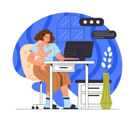 Illustration for Combining work and baby care concept. Woman sitting with toddler at workplace near computer monitor. Housewife with boy in diapers. Freelancer and remote worker. Cartoon flat vector illustration - Royalty Free Image