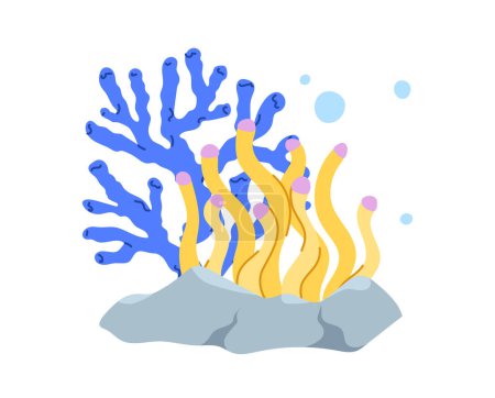 Illustration for Corals with rocks concept. Colorful plants with bubles. Underwater and sea life. Blue and yellow flora. Template, layout and mock up. Cartoon flat vector illustration isolated on white background - Royalty Free Image