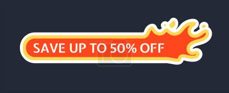 Illustration for Fire sale label concept. Save up to 50 percent off inscription in flame. Discounts and promotions. Poster or banner for website. Cartoon flat vector illustration isolated on black background - Royalty Free Image