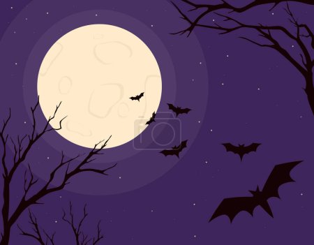 Illustration for Flying bats over moon concept. Silhouettes of animals with wings near moon. Halloween background and wallpaper. Night and starry sky. Fear and horror. Cartoon flat vector illustration - Royalty Free Image