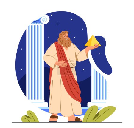 Illustration for Great greek scientist with pyramid concept. Man in traditional old clothes near marble columns. Culture and history. Ancient citizen of Greece or Rome Empire. Cartoon flat vector illustration - Royalty Free Image