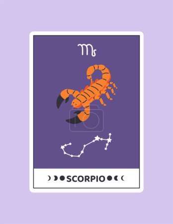 Illustration for Horoscope card with Scorpio concept. Astrological zodiac sign with scorpion. Date of birth. Template, layout and mock up. Cartoon flat vector illustration isolated on violet background - Royalty Free Image