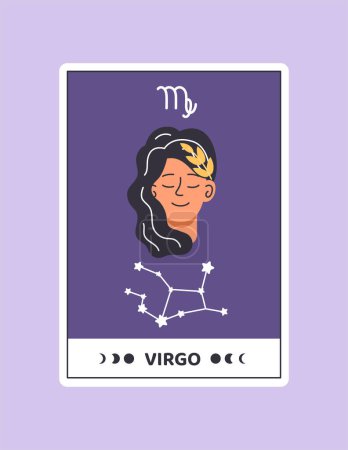 Illustration for Horoscope card with Virgo concept. Astrological zodiac sign with virgin. Astrology and esoterics. Prediction of fortune. Cartoon flat vector illustration isolated on violet background - Royalty Free Image