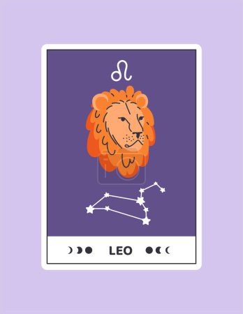 Illustration for Horoscope card with Leo concept. Astrological zodiac sign with lion. Astrology and esoterics. Prediction of fortune. Cartoon flat vector illustration isolated on violet background - Royalty Free Image