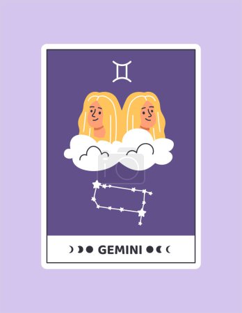 Téléchargez les illustrations : Horoscope avec concept Gemini. Signe astrologique du zodiaque avec jumeaux. Calendrier céleste. Modèle, mise en page et maquette. Illustration vectorielle plate de bande dessinée isolée sur fond violet - en licence libre de droit