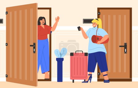 Illustration for Hotel hallway concept. Woman in hall near doors. Tourists and travellers spending time together indoor. Young girls inside hotel with baggage and bags. Cartoon flat vector illustration - Royalty Free Image