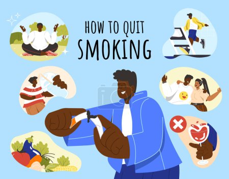 Illustration for How to quit smoking concept. Infographics and educational materials. Man with friends, sports and healthy eating. Fight agains bad habit. Cartoon flat vector illustration isolated on blue background - Royalty Free Image