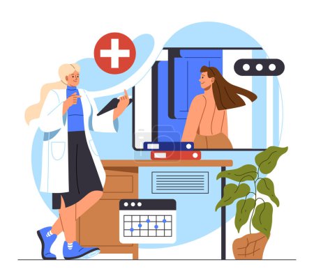 Illustration for Mammogram screening concept. Doctor with patient. Health care and medicine, treatment and diagnosis. Prevention of breast cancer. Radiography and Xray. Cartoon flat vector illustration - Royalty Free Image