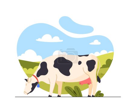 Téléchargez les illustrations : Concept de processus de production laitière. Vache mangeant sur la pelouse. Agriculture et agriculture. Produits laitiers naturels et biologiques. Illustration vectorielle plate de bande dessinée isolée sur fond blanc - en licence libre de droit