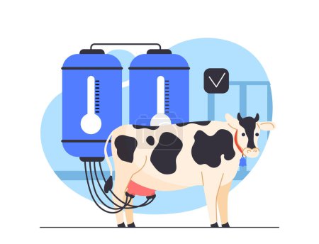 Illustration for Milk production process concept. Cow at factory or manufactruring. Cattle at production. Poster or banner for website. Cartoon flat vector illustration isolated on white background - Royalty Free Image
