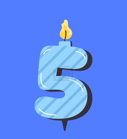 Illustration for Numbered birthday candle 5 concept. Blue number five. Decor element for cakes and cupcakes. Annual event and party. Cartoon flat vector illustration isolated on blue background - Royalty Free Image