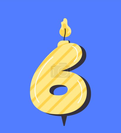 Illustration for Numbered birthday candle 6 concept. Yellow number six. Decor element for holiday and festival. Poster or banner for website. Cartoon flat vector illustration isolated on blue background - Royalty Free Image