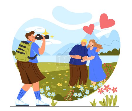 Illustration for Outdoor photo shoot concept. Man with camera photographs young couple in clearing with mountains in background. Travel and tourism, active lifestyle. Cartoon flat vector illustration - Royalty Free Image