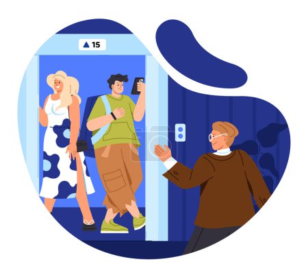 Illustration for People in elevator concept. Man and woman at white dress inside building. Hall of house, office or hostel. Friends and colleagues. Poster or banner. Cartoon flat vector illustration - Royalty Free Image