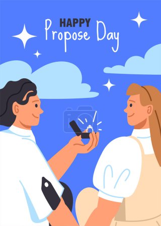 Illustration for Propose day greeting card concept. Man give ring with diamond for woman. Wedding and marriage ceremony. Young couple outdoor. Poster or banner for website. Cartoon flat vector illustration - Royalty Free Image