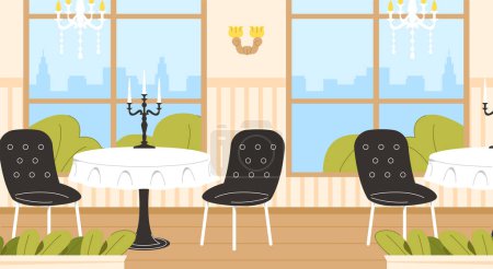 Illustration for Restaurant interior concept. Black chairs near table with cloth and candlesticks. Catering and luxuruious cafe. Inside view to modern restaurant. Cartoon flat vector illustration - Royalty Free Image