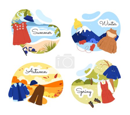 Illustration for Seasonal kids clothes posters set. Dresses and pants with jacket at background of natural scenes. Summer, winter, spring and autumn. Cartoon flat vector collection isolated on white background - Royalty Free Image