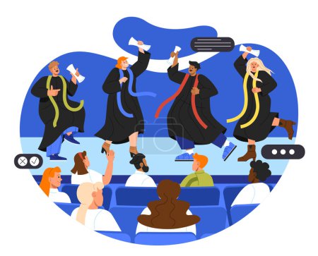Illustration for Students with diplomas concept. Men and women in black robes with certificates. People at graduation ceremony. Knowledge, education, learning and training. Cartoon flat vector illustration - Royalty Free Image