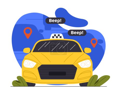 Taxi service concept. Yellow car front view. Travels and trips. Urban infrastructure and service. Transport, auto and veicle, mobile taxi application. Cartoon flat vector illustration