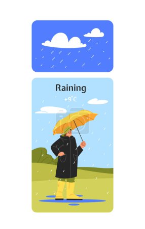 Ilustración de Escena meteorológica lloviendo concepto. Mujer con paraguas amarillo en abrigo negro bajo gotas. Temporada de otoño y otoño. Cartel o pancarta. Ilustración vectorial plana de dibujos animados aislada sobre fondo blanco - Imagen libre de derechos
