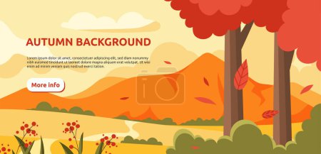 Illustration for Autumn landscape backround concept. Trees at hills. Beautiful landscape and natural scene. Panorama in fall season. Bushes and leaves, red flowers. Cartoon flat vector illustration - Royalty Free Image