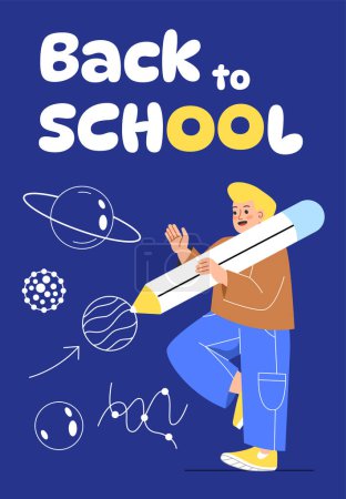 Illustration for Back to school poster concept. International holiday and festival 1 September. Guy with big lesson draw planets. Astronomy and astrology. Template, layout and mock up. Cartoon flat vector illustration - Royalty Free Image