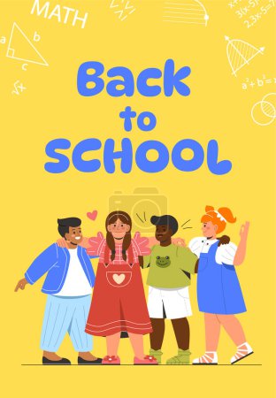 Illustration for Back to school poster concept. International holiday and festival 1 September. Various kids standing and hugging. Happy and friendly children. Cover or banner. Cartoon flat vector illustration - Royalty Free Image