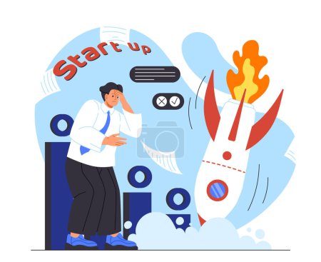 Illustration for Man with business failure concept. Young guy near broken rocket. Unsuccessful entrepreneur and businessman with failed idea. Bankruptcy and mistake. Cartoon flat vector illustration - Royalty Free Image