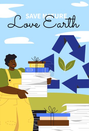 Photo for Caring for nature poster. Zero waste and sustainable lifestyle. Recycling and reuse. Woman with books and paper stacks. Template, layout and mock up. Cartoon flat vector illustration - Royalty Free Image