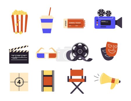 Illustration for Cinema entertainment icons set. Camera reel and pop corn with soda, 3d glasses, clapperboard. Equipment for movies and series production. Cartoon flat vector collection isolated on white background - Royalty Free Image