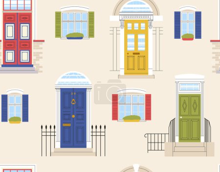 Illustration for Door exterior seamless pattern. Repeating design element for printing on fabric. Facade of cottage and buildings. Private property and real estate. Cartoon flat vector illustration - Royalty Free Image