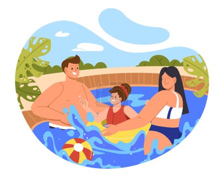 Illustration for Family in swimming pool concept. Mother and father with girl at lifebuoy. Holiday and vacation. Summer season and hot weather. Parents and kid spending time together. Cartoon flat vector illustration - Royalty Free Image
