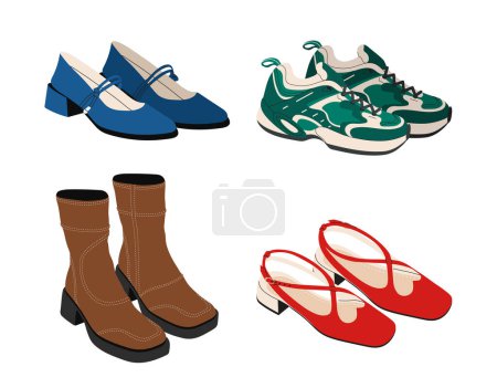 Ilustración de Conjunto de zapatos femeninos concepto. Moda, tendencia y estilo. Botas y zapatillas verdes. Accesorio y ropa. Estética y elegancia. Dibujos animados colección vector plano aislado sobre fondo blanco - Imagen libre de derechos