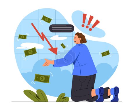 Illustration for Man with financial difficulty concept. Guy near banknotes and down arrow. Unsuccessful entrepreneur or businessman with failed business idea. Bankruptcy and failure. Cartoon flat vector illustration - Royalty Free Image