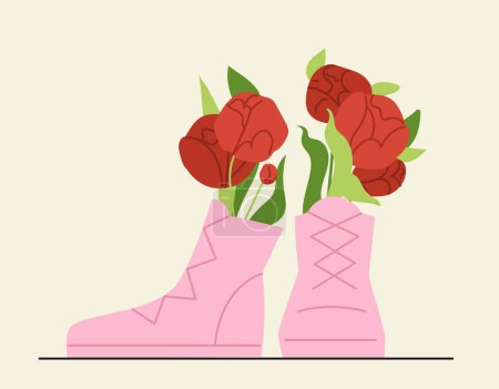 Illustration for Flowers in wellies concept. Pink rubber boots with bouquet. Bloom and blossom plants. Aesthetics and elegance, beauty. Cartoon flat vector illustration isolated on yellow background - Royalty Free Image