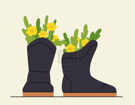 Illustration for Flowers in wellies concept. Black rubber boots with bouquet. Bloom and blossom plants. Template, layout and mock up. Cartoon flat vector illustration isolated on yellow background - Royalty Free Image