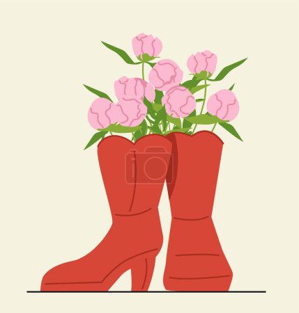 Illustration for Flowers in wellies concept. Red rubber boots with bouquet. Fashion, trend and style. Poster or banner for website. Cartoon flat vector illustration isolated on yellow background - Royalty Free Image