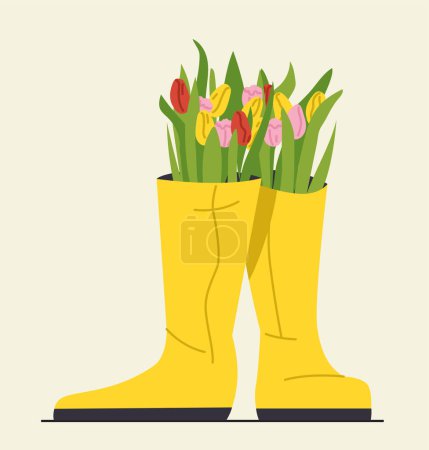 Illustration for Flowers in wellies concept. Yellow rubber boots with bouquet. Aesthetics and elegance. Sticker for social networks and messengers. Cartoon flat vector illustration isolated on yellow background - Royalty Free Image