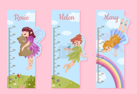 Illustration for Set of height meters concept. Instrument for measuring of heights for boys and girls. Centimeter with fairies. Fantasy and dream. Cartoon flat vector collection isolated on pink background - Royalty Free Image