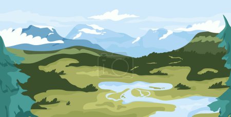 Ilustración de Paisaje con concepto de montaña. Hermoso panorama natural. Lago cerca de bosque y rocas. Colinas verdes cerca de ríos. Escena de día nublada de verano o primavera. Dibujos animados ilustración vector plano - Imagen libre de derechos