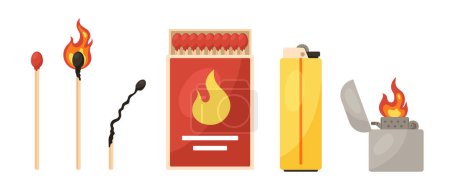Illustration for Set of matches and lighters. Pack of items for fire production. Package with wood whole matchstick with sulfur head. Cartoon flat vector collection isolated on white background - Royalty Free Image