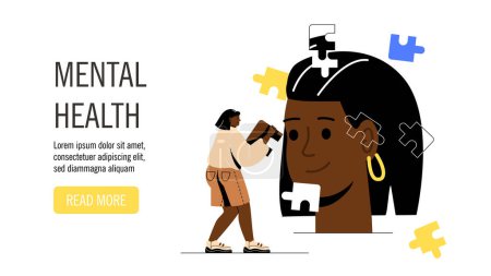 Illustration for Mental health puzzle banner concept. Psychology and awareness. Help and support. Selfconfidence and acceptance. Template, layout and mock up. Cartoon flat vector illustration - Royalty Free Image