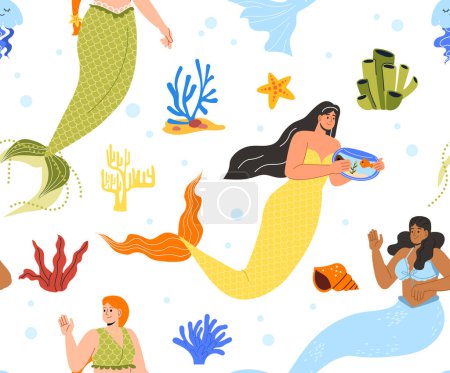 Illustration for Seamless pattern with mermaids concept. Repeating design element for printing on fabric. Fairy tale and fictional characters . Womerns with fish tail near corals. Cartoon flat vector illustration - Royalty Free Image