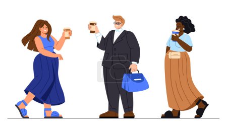 Illustration for People with hot drinks set. Men and women with cup of coffee or tea. Students and colleagues communicate. Aroma and beverage. Cartoon flat vector collection isolated on white background - Royalty Free Image