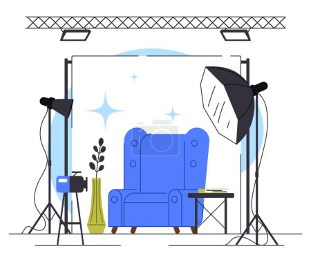 Illustration for Photo studio interior concept. Softboxes and blue sofa with cameras. Lighting sources and inventory of photographer or paparazzi for taking photo. Cartoon flat vector illustration - Royalty Free Image