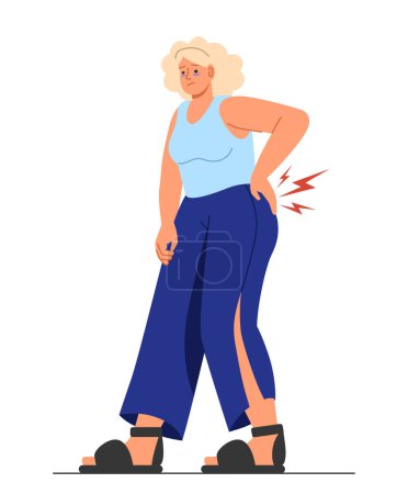 Illustration for Woman with PMS symptome concept. Young girl suffer from pain in back. Abdominal cramps, menstruation. Template and mock up. Cartoon flat vector illustration isolated on white background - Royalty Free Image