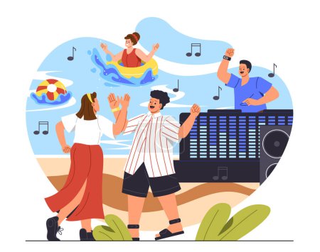 Illustration for Pool party concept. Men and women in swimming pool in summer season. Young guys and girls with radio and dj. Event and entertainment. People having fun together. Cartoon flat vector illustration - Royalty Free Image